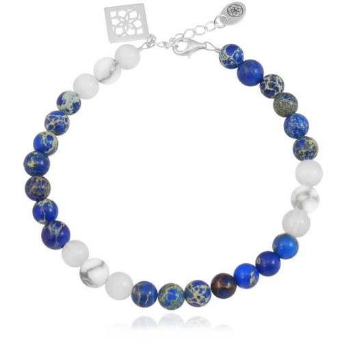 Bransoletka z kamieni jaspis niebieski agat howlit srebro rozeta 