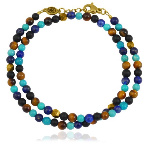 Bransoletka z kamieni podwójna onyks turkus lapis tygrysie oko hematyt stal szlachetna