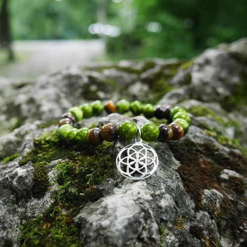 Bransoletka z kamieni jaspis tygrysie oko kwiat życia srebro