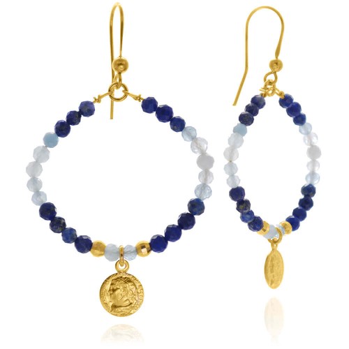 Kolczyki z kamieni koła lapis lazuli akwamaryn moneta srebro pozłacane