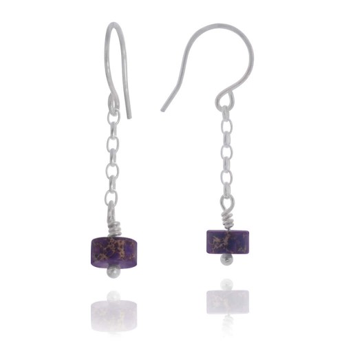 Kolczyki zwisy kamień jaspis fioletowy krążek srebro łańcuszek