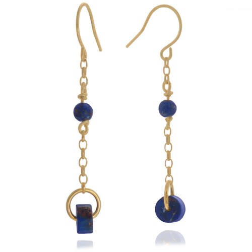 Kolczyki zwisy kamień jaspis niebieski łańcuszek srebro pozłacane