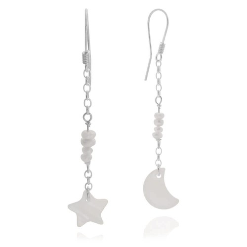 Kolczyki zwisy perły księżyc gwiazdka srebro łańcuszek