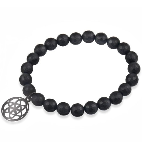 Bransoletka z kamieni fasetowany onyks kwiat życia srebro oksydowane