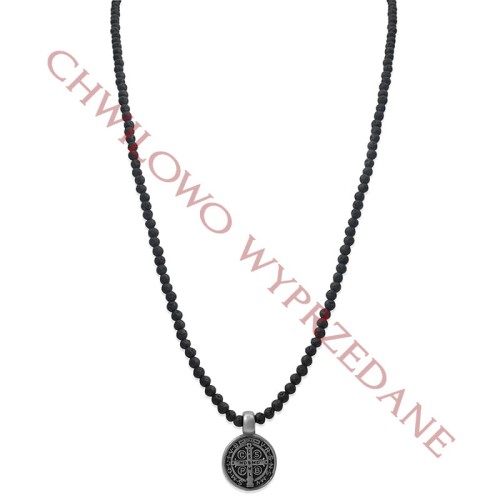 Naszyjnik z kamieni lawa czarna wisior stal medalion krzyż
