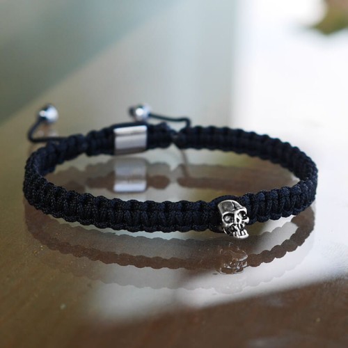 bransoletka makrama czarna czaszka srebro hematyt