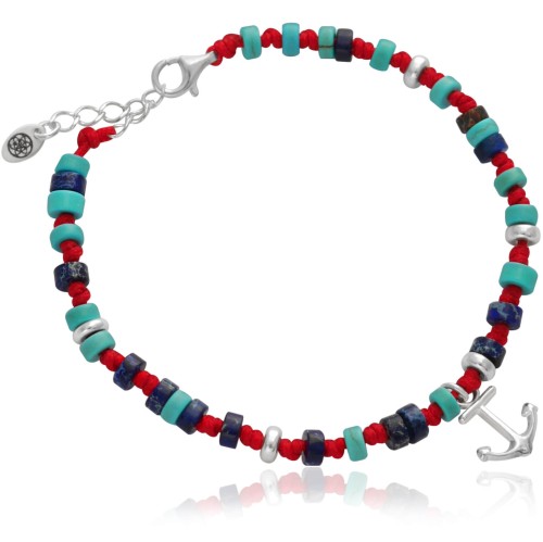 Bransoletka z kamieni pleciona kotwica srebro krążki howlit jaspis