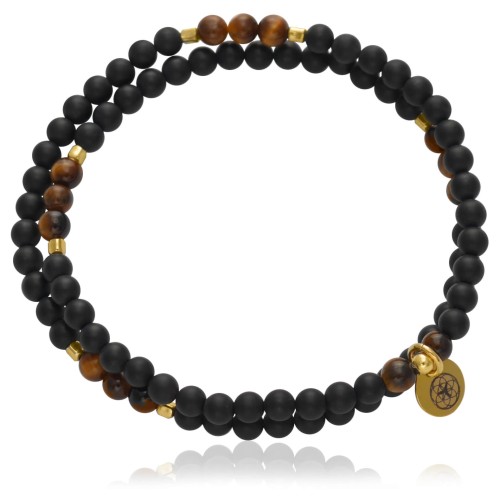 Bransoletka z kamieni podwójna czarny onyks tygrysie oko srebro pozłacane