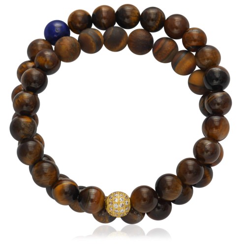 Bransoletka z kamieni podwójna tygrysie oko brązowe lapis duże 8 mm