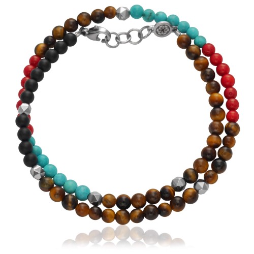 Bransoletka z kamieni podwójna tygrysie oko onyks turkus koral hematyt 