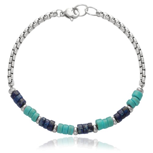 Bransoletka z kamieni krążki turkusowy howlit jaspis stal szlachetna