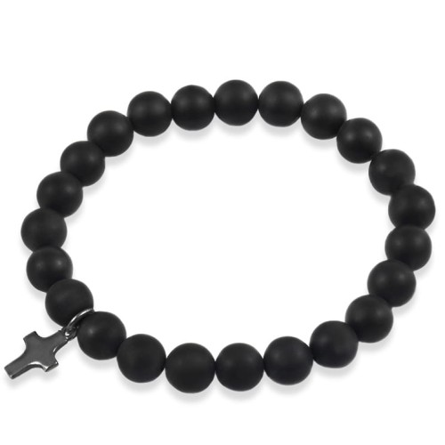 Bransoletka z kamieni matowy onyks zawieszka krzyż srebro oksydowane