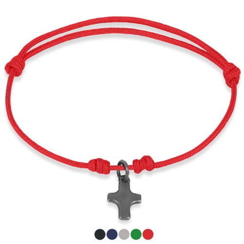 Bransoletka ze sznurka krzyż srebro oksydowane czerwona szara