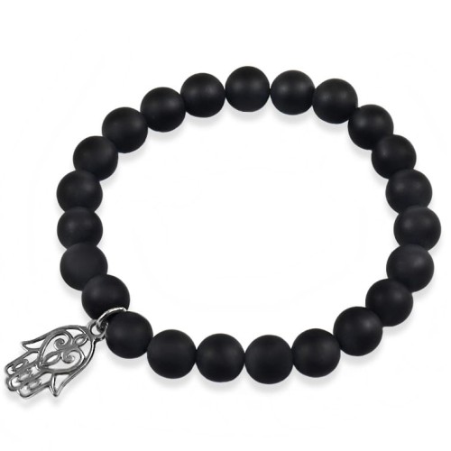 Bransoletka z kamieni onyks hamsa srebro oksydowane