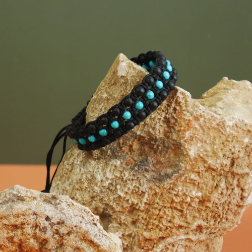 Bransoletka shamballa potrójna onyks czarny turkus kamienie naturalne