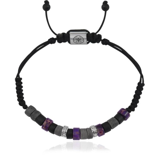 Bransoletka makrama jaspis fioletowy krążki drewno kokos srebro