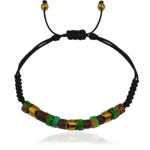 Bransoletka makrama jaspis zielony krążki drewno kokosu hematyt złoty