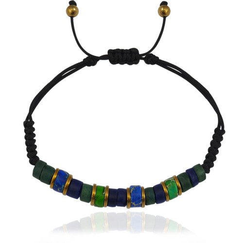 Bransoletka makrama jaspis zielony krążki niebieski kokos hematyt złoty