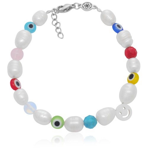 Bransoletka z pereł smile kamienie kwarc koral apatyt szkło oko proroka stal szlachetna