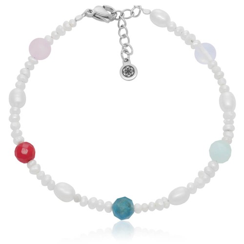 Bransoletka z pereł naturalnych kamienie koral apatyt kwarc stal