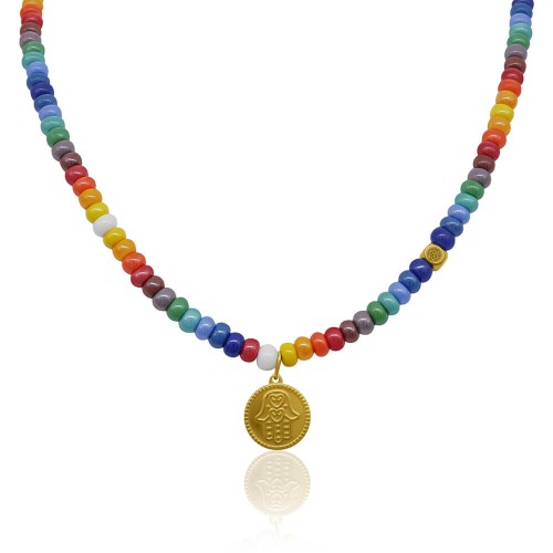 Naszyjnik z korali szklanych dużych kolorowy dłoń hamsa stal szlachetna