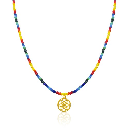 Naszyjnik z koralików szklanych kolorowy kwiat życia srebro pozłacane