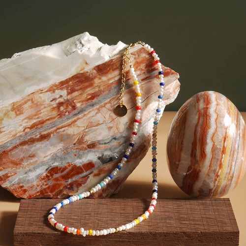 Naszyjnik z perełek naturalnych choker koraliki szklane kolorowe srebro pozłacane