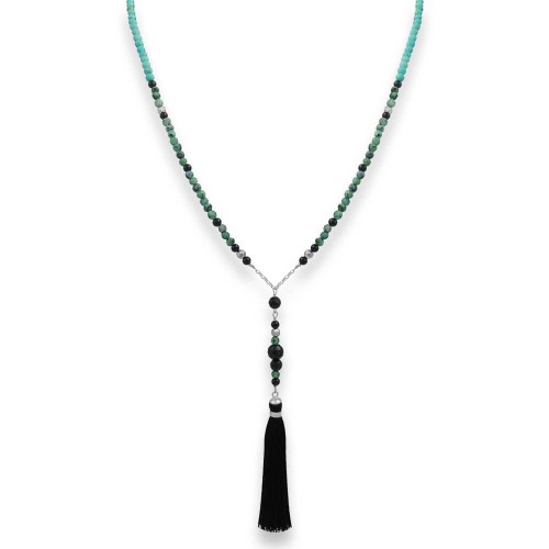 Naszyjnik z kamieni turkusu afrykańskiego z chwostem czarnym srebro