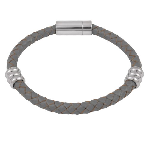 Bransoletka skórzana rzemień szary przekładki stal szlachetna