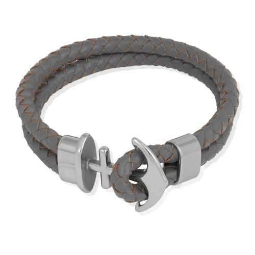 Bransoletka z kotwicą podwójny rzemień naturalny szary