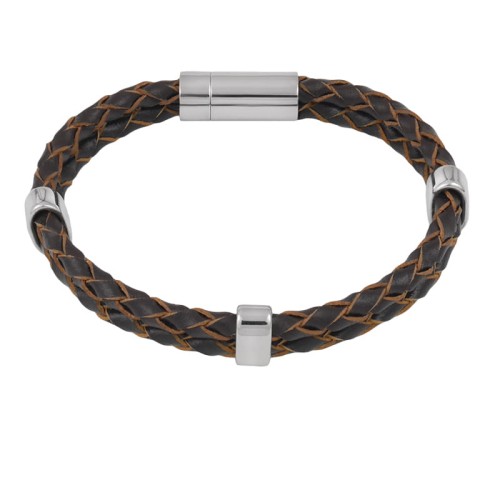 Bransoletka skórzana rzemień brązowy podwójny stal szlachetna