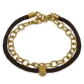Bransoletka skórzana brązowy rzemień łańcuch stal szlachetna złoty kostka z logo francow jewelry