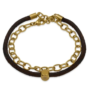 Bransoletka skórzana brązowy rzemień łańcuch stal szlachetna złoty kostka z logo francow jewelry