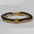 Bransoletka skórzana brązowy rzemień łańcuch stal szlachetna złoty kostka z logo francow jewelry