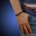 Bransoletka skórzana granatowy rzemień stal szlachetna złota kostka logo francow jewelry