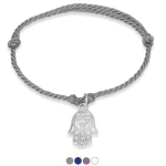 Bransoletka ze sznurka bawełnianego hamsa srebro