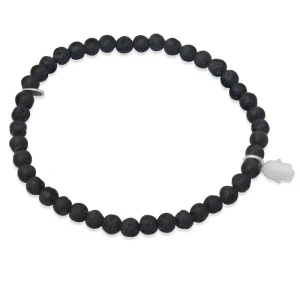 Bransoletka z kamieni czarna lawa hamsa srebro