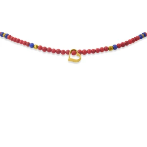 Naszyjnik choker z kamieni czerwony koral lapis lazuli serce srebro pozłacane