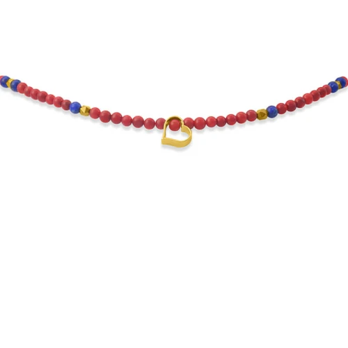 Naszyjnik choker z kamieni czerwony koral lapis lazuli serce srebro pozłacane