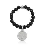 Pierścionek elastyczny z kamieni czarny onyks moneta srebro