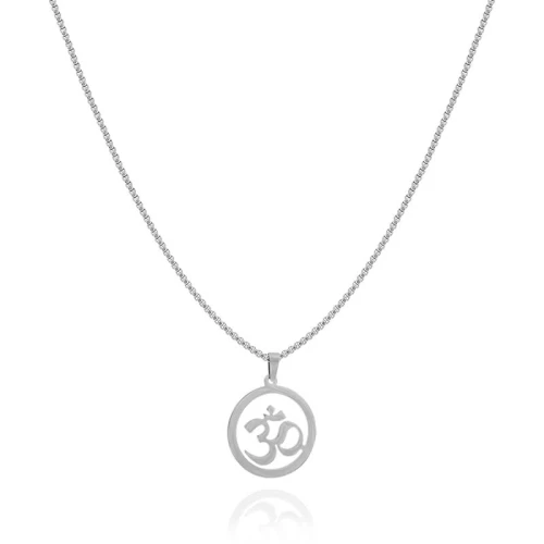 Naszyjnik ze stali symbol om mantra srebrny box 2,5 mm