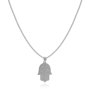 Naszyjnik ze stali wisior hamsa duży srebrny box 3 mm
