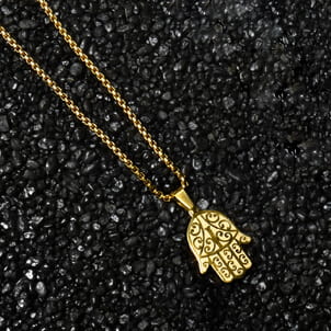 Naszyjnik ze stali zawieszka hamsa dłoń złoty box 3 mm