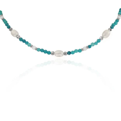Naszyjnik z kamieni choker niebieski chalcedon perły hematyt jadeit