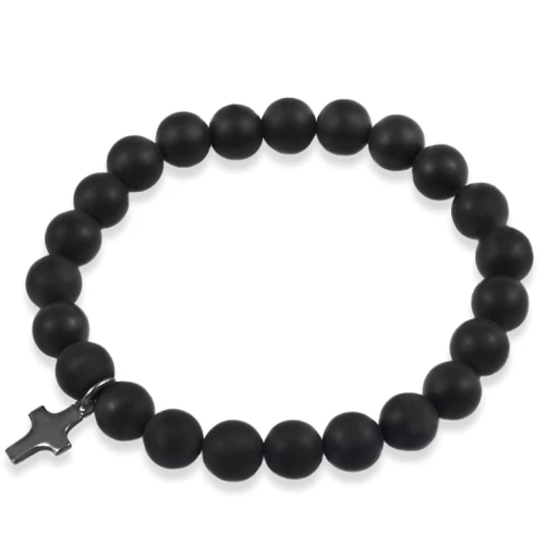 Bransoletka z kamieni matowy onyks zawieszka krzyż srebro oksydowane