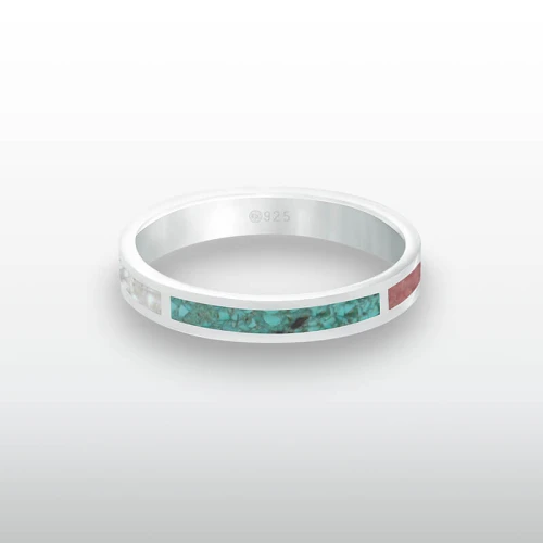 Pierścionek INLAY quatro inkrustowany kamień turkus jadeit czerwony lapis lazuli masa perłowa srebro unisex