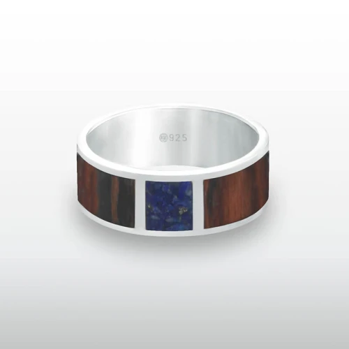 Pierścionek INLAY extra large inkrustowany drewno heban kamień lapis lazuli srebro