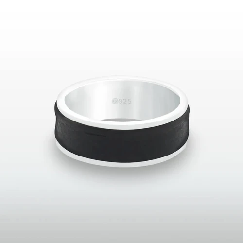 Pierścionek INLAY inkrustowany skóra naturalna czarna srebro
